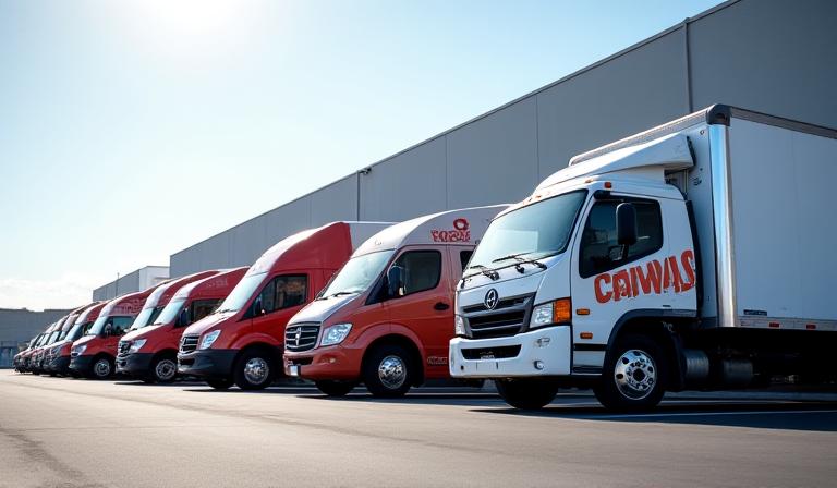 Beverage distribution trucks lined up at Rancho Cucamonga distribution centre