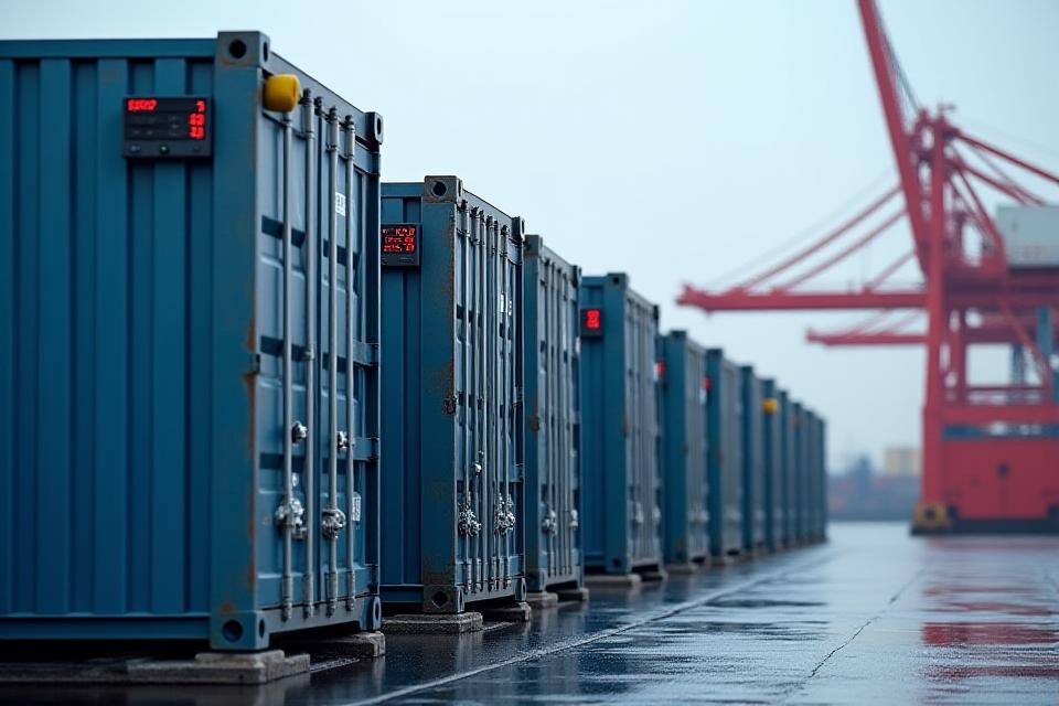 Reefer containers at port with temperature monitoring equipment for cold chain logistics