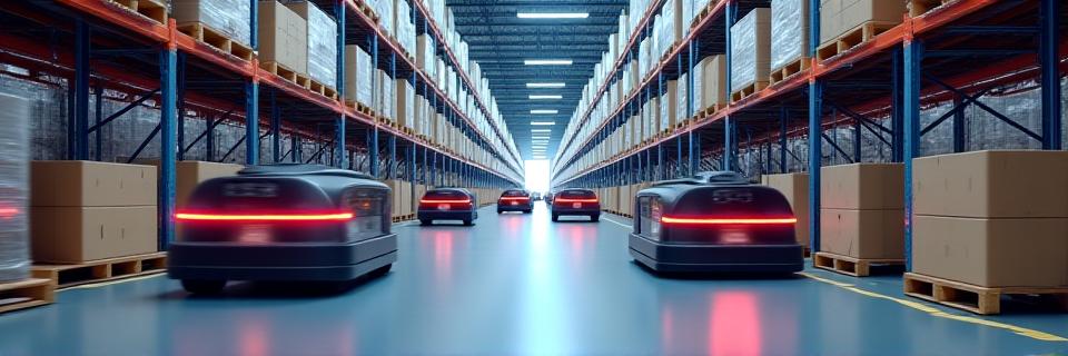 Automated warehouse with AGV robots navigating aisles in Rancho Cucamonga facility